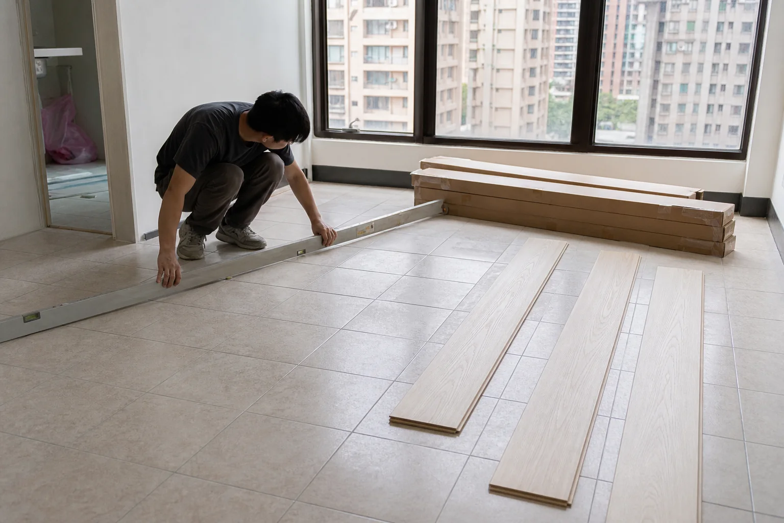 台北住宅既有磁磚地坪以長尺檢查後準備鋪設長板 SPC